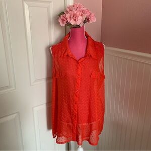 Orange/Red Sleeveless Pont d’Esprit Chiffon and Lace Button Down, size 2X